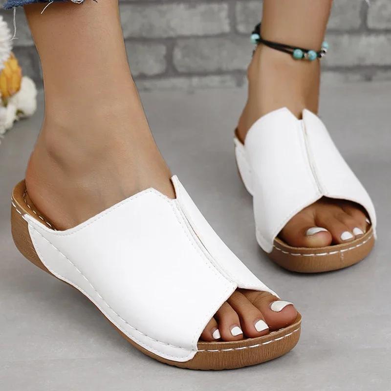 Fashion 2024 Summer Fashion Comfortable Mid-heel Casual Wedge Slip-up Women's Slippers