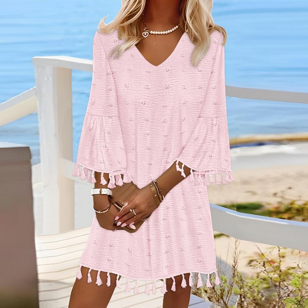 Women's Fashion Solid Colour V-Neck Mid Sleeve Loose Casual Tassel Dresses