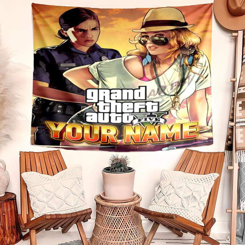 Personalized Name GTA Tapestry, Wall Hanging Tapestry, Pattern Tapestry for Dorm Bedroom Living Room Wall Art Photography Backdrop
