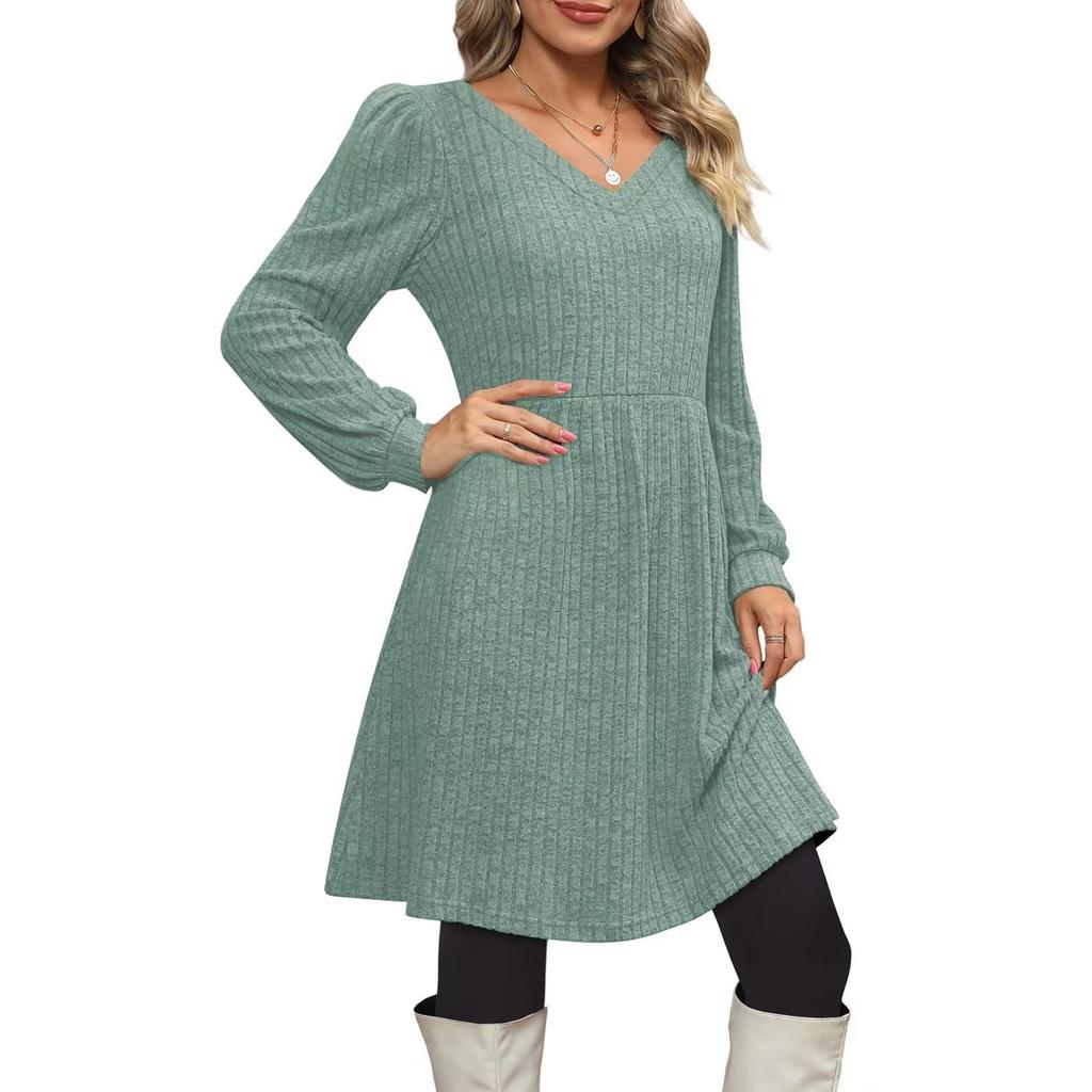 Женский модный повседневный трикотажный свитер с V-образным вырезом и карманом, платье с длинным рукавом однотонное