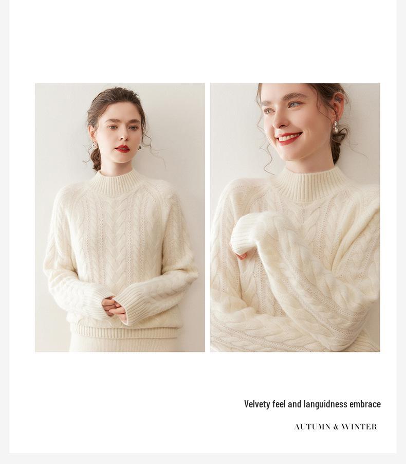 Women's Autumn Winter Cashmere Cable Knit Half Turtleneck Sweater - Solid Color, Slimming, Long Sleeve, Soft