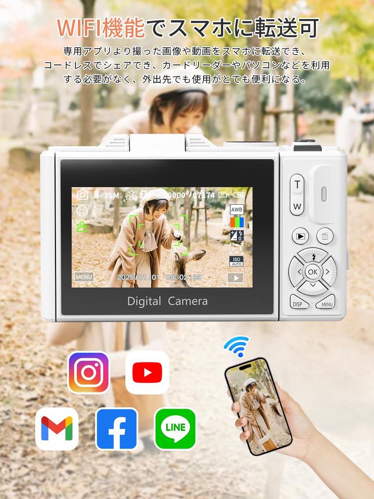 AiMike 5K Digital Camera with Rotating 64GB Micro SD 18x Digital 19 Convenient Large Two Perfect for Kids and Day White Wi-Fi Transfer, 75MP, 180°
