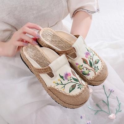 Вышитые тапочки ручной работы летние новые ленивые на одной педали мягкая подошва льняные дышащие старые пекинские тканевые туфли