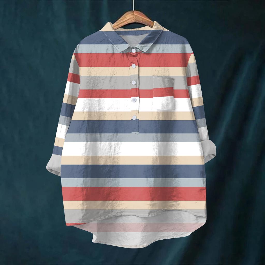 Women's Shirt Blouse Long-sleeved With Buttons Print Casual Hem Irregular Shirt Collar Top