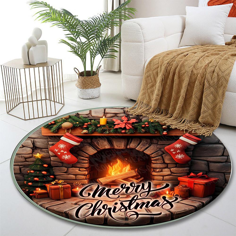 "Cozy Christmas Fireplace Scene" Print round rug, living room, bedroom, playroom carpet, non slip floor mat, gift