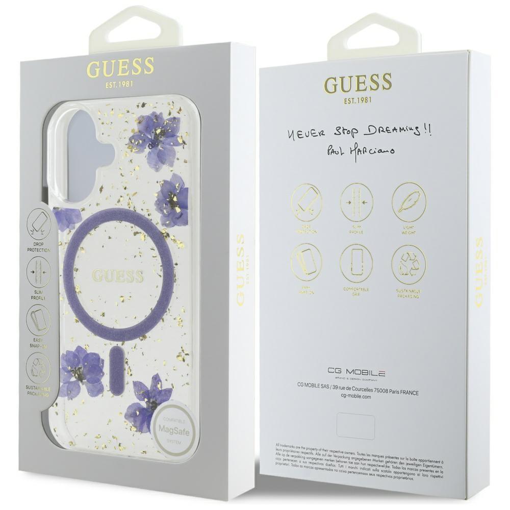 Etui do iPhone 16 Guess MagSafe Glitter Kwiaty Fioletowe