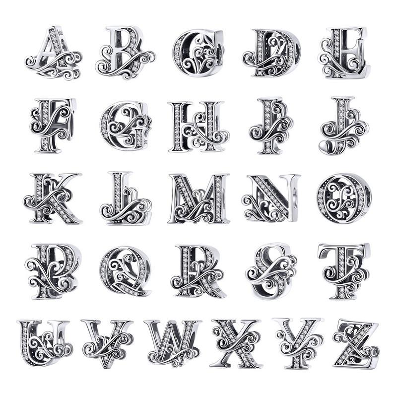 Bamoer Authentic 925 Sterling Silver Vintage Letter A To Z Zircon Bead Charms Fit Original Charm Bracelets DIY Jewelry