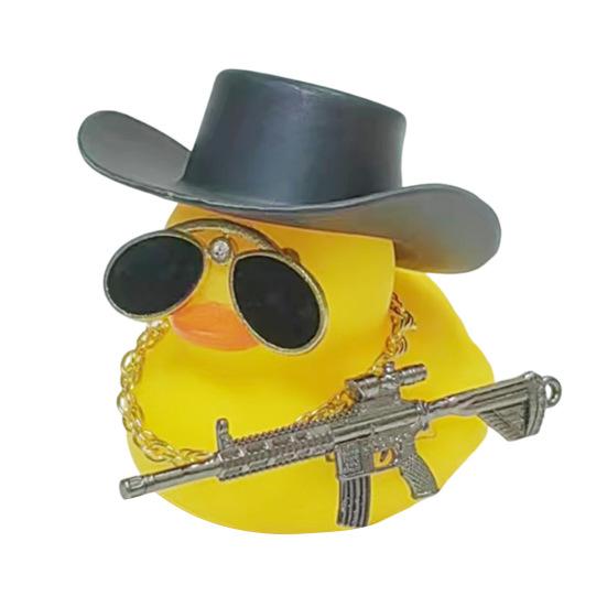Duck Ornament Squeaky Car Dashboard Decoration Set Funny Yellow Duck Figure with Cowboy Hat Sunglasses Golden Chain Decor