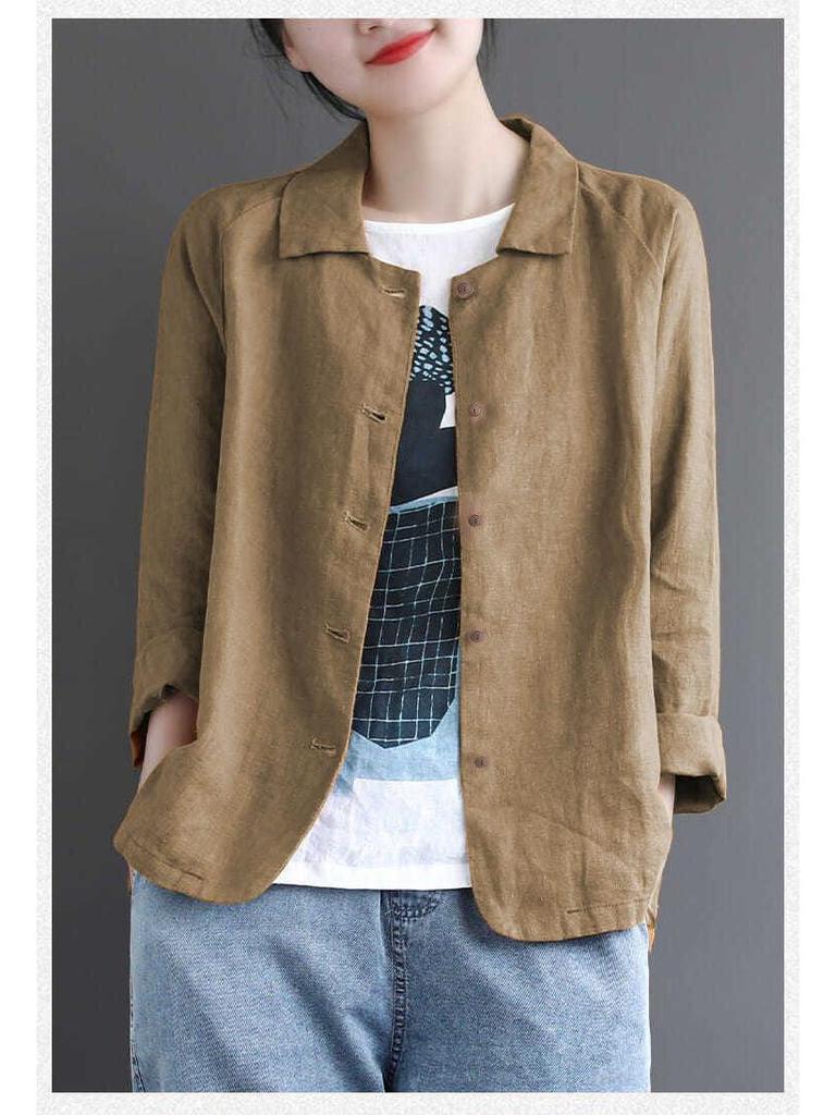Женская хлопково-льняная куртка-рубашка - Весна/Осень, универсальная однотонная с защитой от солнца