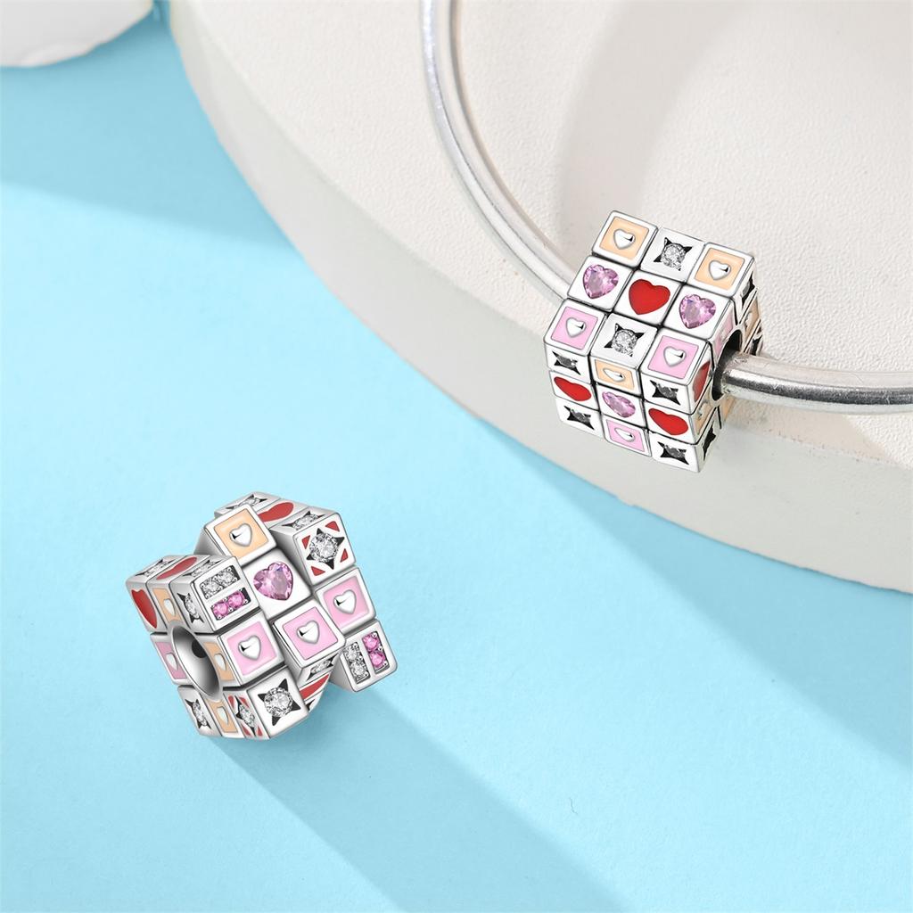 Copper Rubik'S Cube Pet Cat Charm Pink Cz Beads Dangle Pendant Fit Original Charms Bracelets Women Diy Jewelry Gift