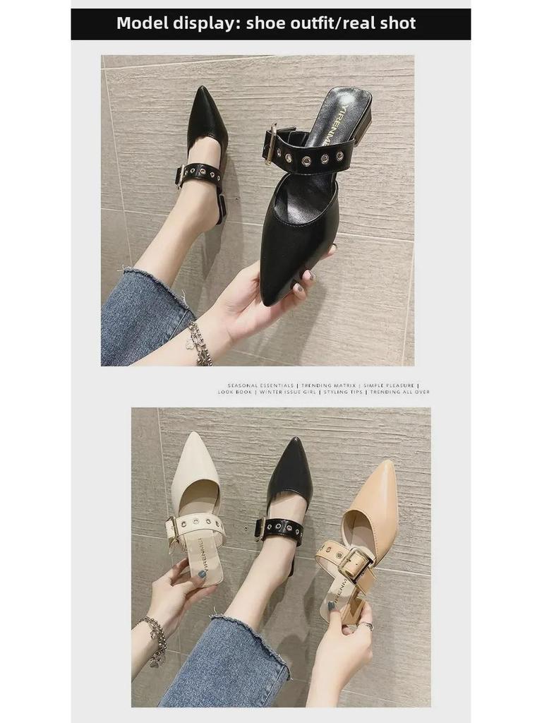 Женские закрытые босоножки-мюли с заклепками и острым носком — толстый каблук, стильные и универсальные тапочки для верхней одежды.