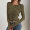 Ladies Autumn Winter Long Sleeve O Neck Ribbed Solid Color Slim Fit Pullover T Shirt Top