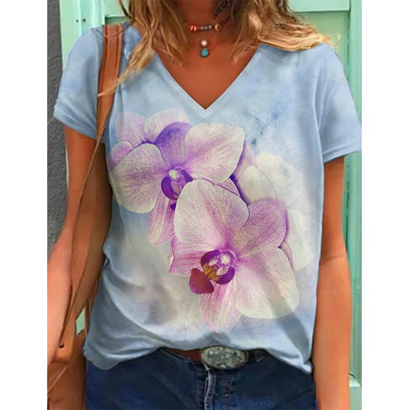 Новая футболка с цветочным принтом 3D, женская футболка с V-образным вырезом и коротким рукавом, топы Y2k, уличная одежда, футболки больших размеров в стиле Харадзюку, женская одежда