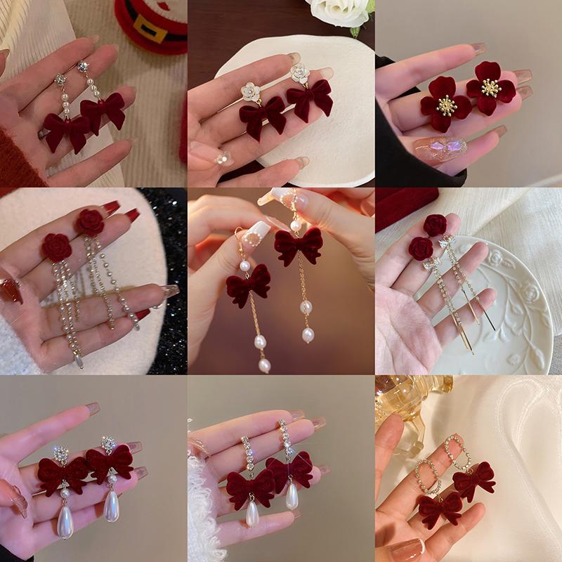 Серьги-бантики из красной флокированной ткани, темпераментные серьги с длинными бахромой в виде сладких цветов