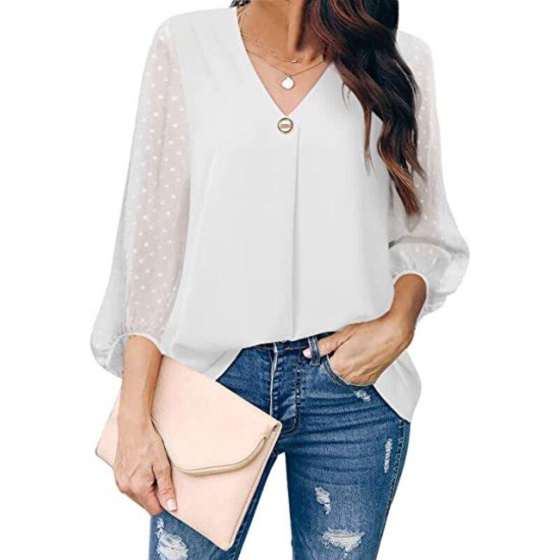 2023 Womens Clothing Spring Autumn Fashion Dot Puff Sleeve Women Tops V-neck Loose Long Sleeve Shirt Blouse Blusas 25792
