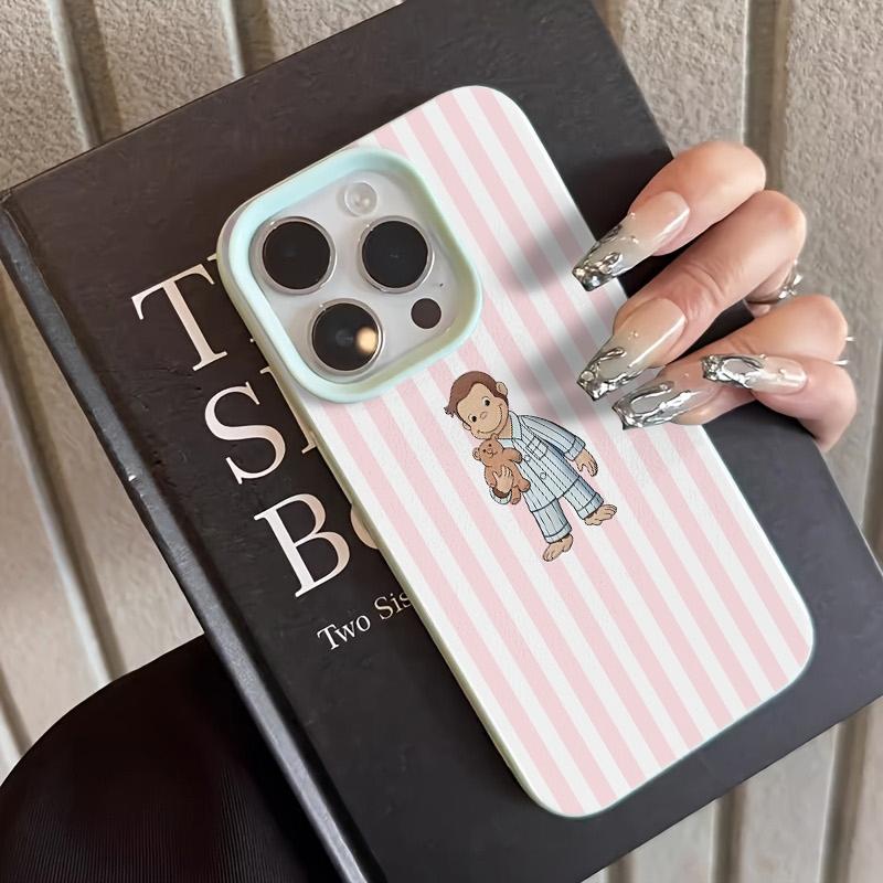 For iPhone 17 Pro Max 16 15 14 13 12 11 Plus 17Air Phone Case Pink Striped Cute Animal Monkey Pattern Silicone Soft Cover Funda