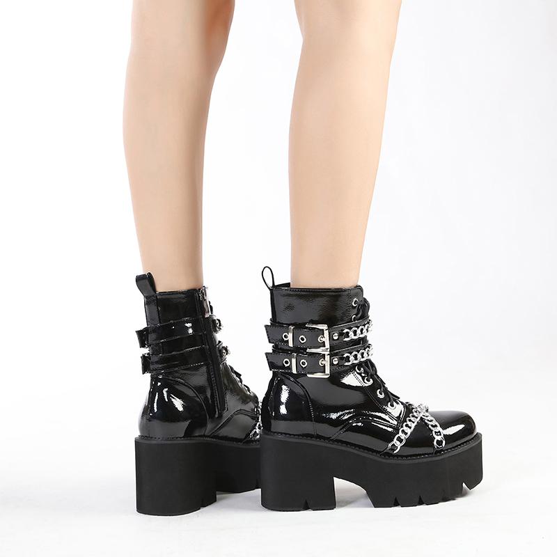 Женская обувь, черные, темные крутые туфли на платформе с толстой подошвой в стиле Харадзюку с металлической цепочкой, обувь для девочек в готическом стиле в стиле панк, обувь