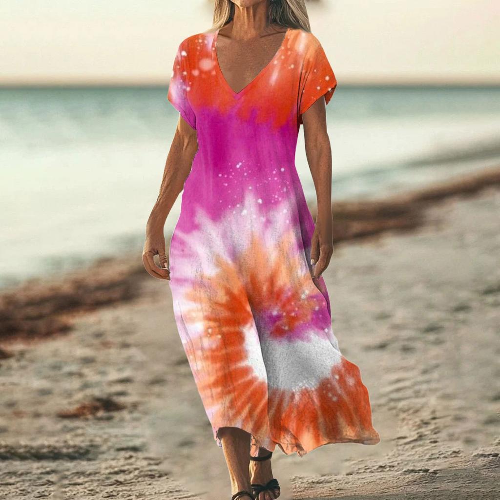 Fashion Women's Summer V-neck Short Sleeve Tie- Retro Print Beach Dress