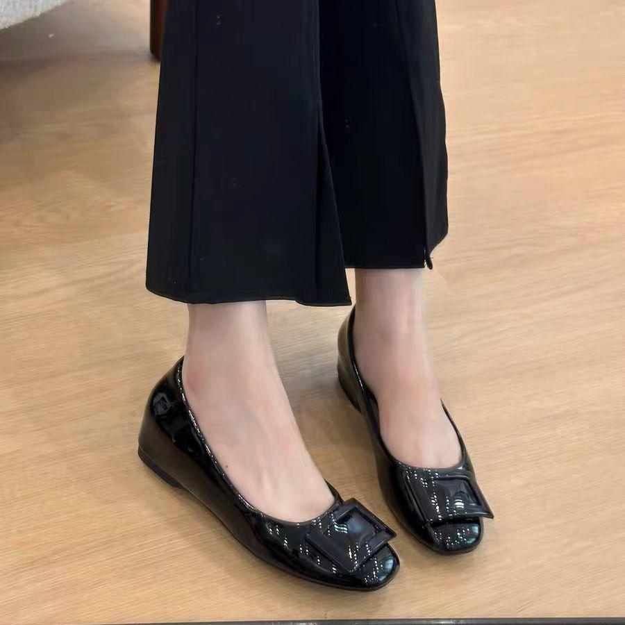 Height increase 5cm nude square buckle light mouth single shoes women's 2026 autumn new French round head soft flats