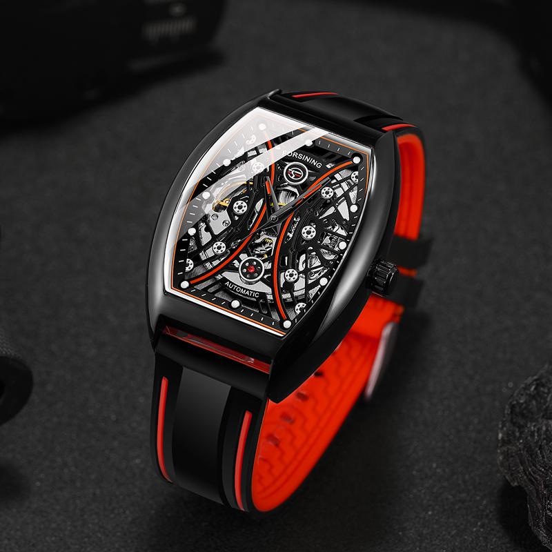 FORSINING Men Automatic Watch Toneau Case Steampunk Skeleton Self Wind Mechanical Wristwatch Silicone Strap Male Sports Casual