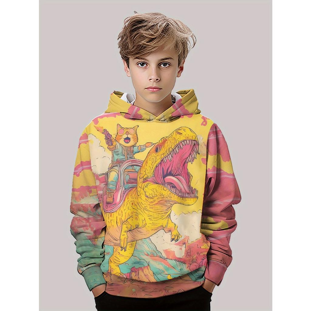 3D Digital Printed Brain Hole Universe, Cat Knight Dinosaur Adventure Hooded Sweatshirt, Fashionable and Trendy Casual Children's Clothing
