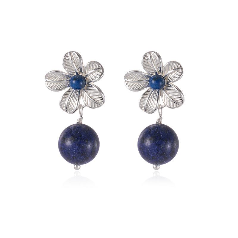 Vintage carved flower natural stone earrings, lapis lazuli, tiger's eye stone drooping earrings, niche literary and high-end earrings.
