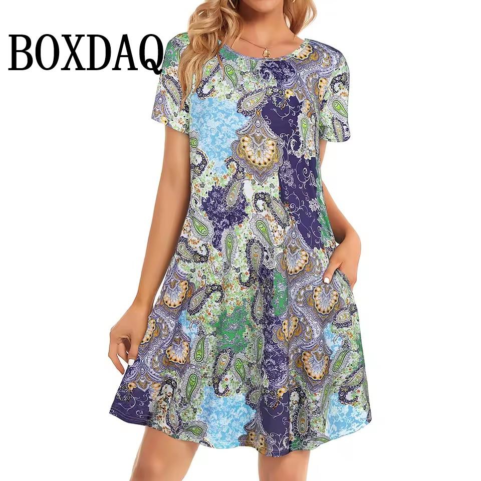 Новые летние женские платья 2025 года с 3D-принтом в винтажном стиле с коротким рукавом и свободными карманами для женщин больших размеров для отдыха на пляже