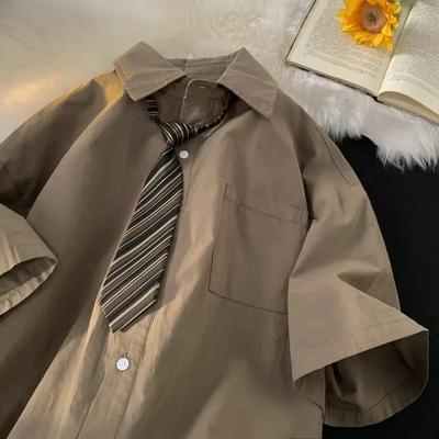 Dámské Vintage Japonské Košile Městská Dívka Pracovní Krátkorukávé Halenky Oversize Pětibodový Rukáv Uniformní Topy