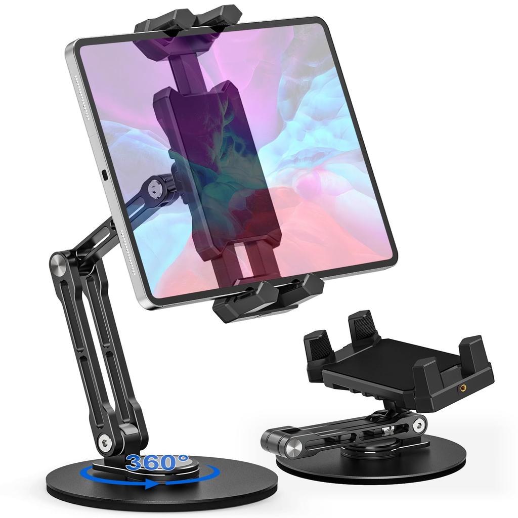 Tendak Aluminum Tablet Unique iPad Holder Adjustable Joint Fits Inch Stepless Angle Black Stand, Design, Stand, Arm, Alloy, 360-Degree Rotation,