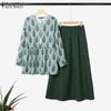 Women Loose Print Blouse and Long Skirts Casual Two Piece Suit Sets