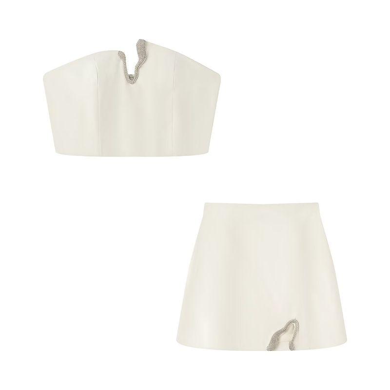 Kaslead New Arrival Women's Clothing Fashion Style Fashion Minimalist Rhinestone Design Tube Top Tops Mid-Length Dress Set