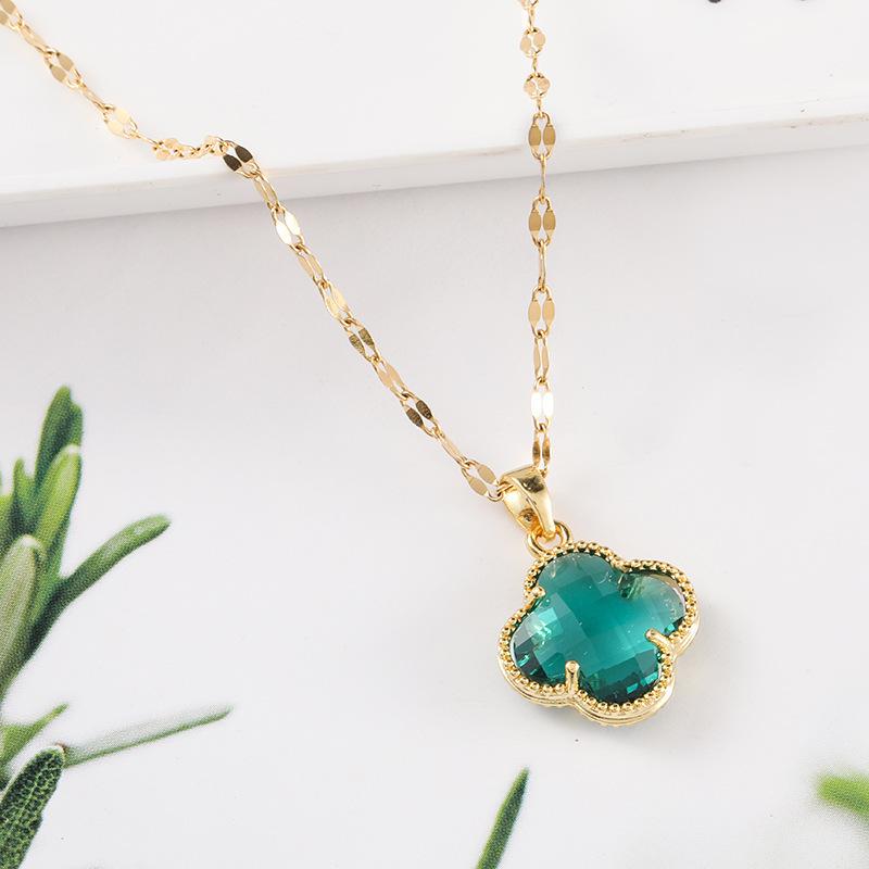 Ожерелье из титановой стали, ожерелье с четырьмя листами клевера, цепочка с красной сеткой на ключицу, подарок, двухсторонняя подвеска с изображением счастливой травы, хрустальные украшения, женское ожерелье