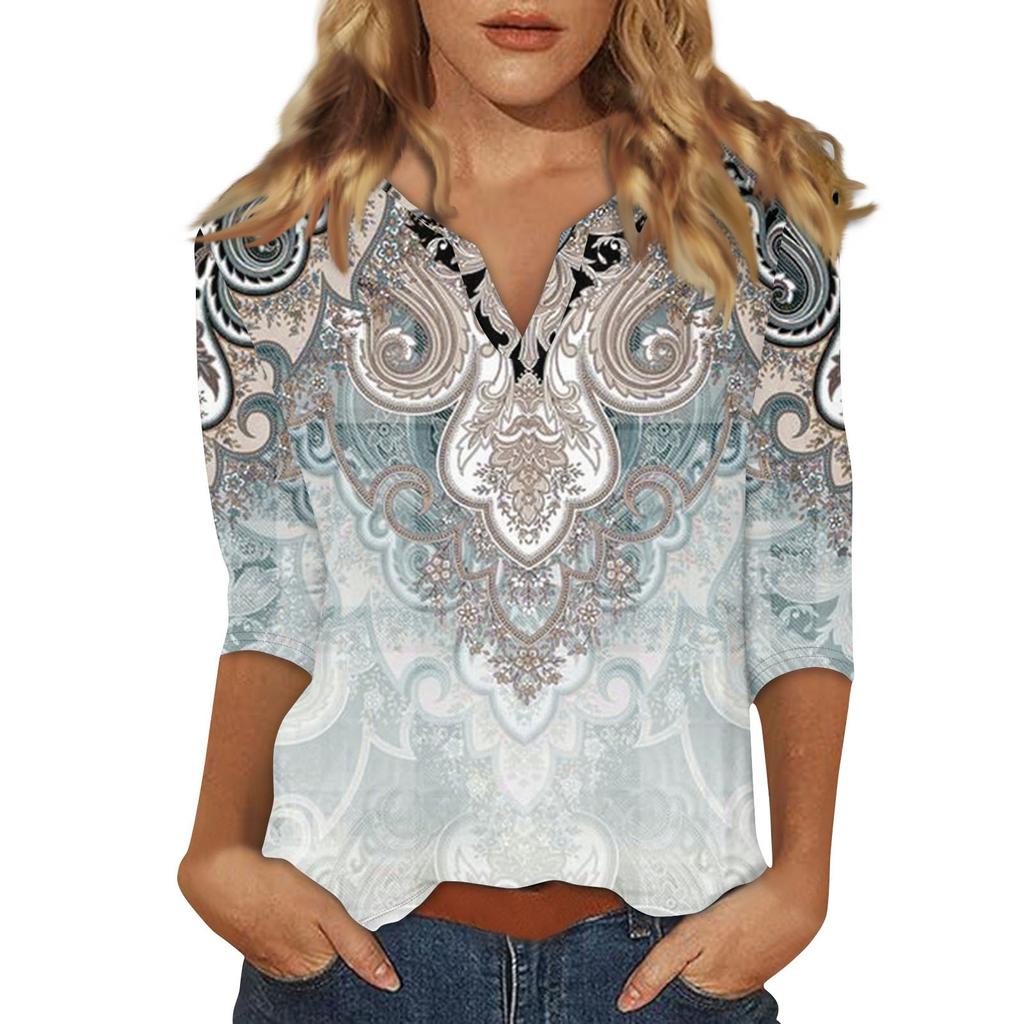 Women's Stand Collar 3/4 Sleeve Printed Top T-shirt