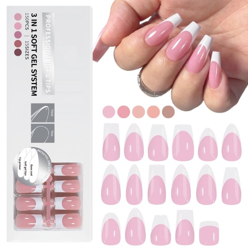 150 Pieces French Press On Nail Pre Applied Base Coat and Primer No Filing Needed for DIY Nail Art Salon Quality Nail