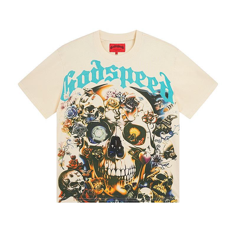 25SS Cross-border Meichao Godspeed Skull Rock Band Basketball Retro Short Sleeve T-Shirt Couple Same Style