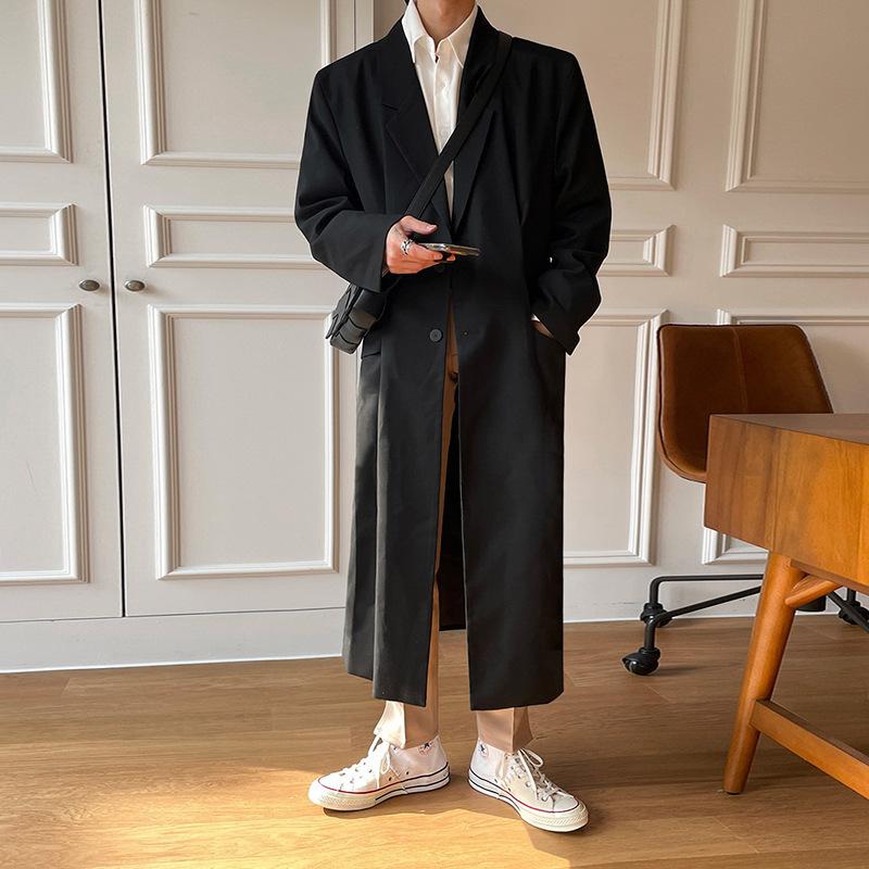 Ветровка мужская средней длины, осенняя, новая, мужская, корейский стиль, модное свободное пальто выше колена с воротником