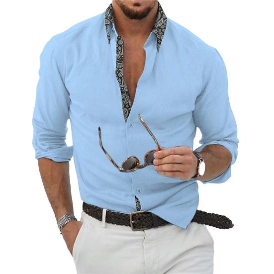 Осенне-весенняя мужская рубашка с однотонным принтом и пуговицами на лацканах с длинным рукавом, однобортная, облегающая, формальная, деловая, мужская рубашка средней длины