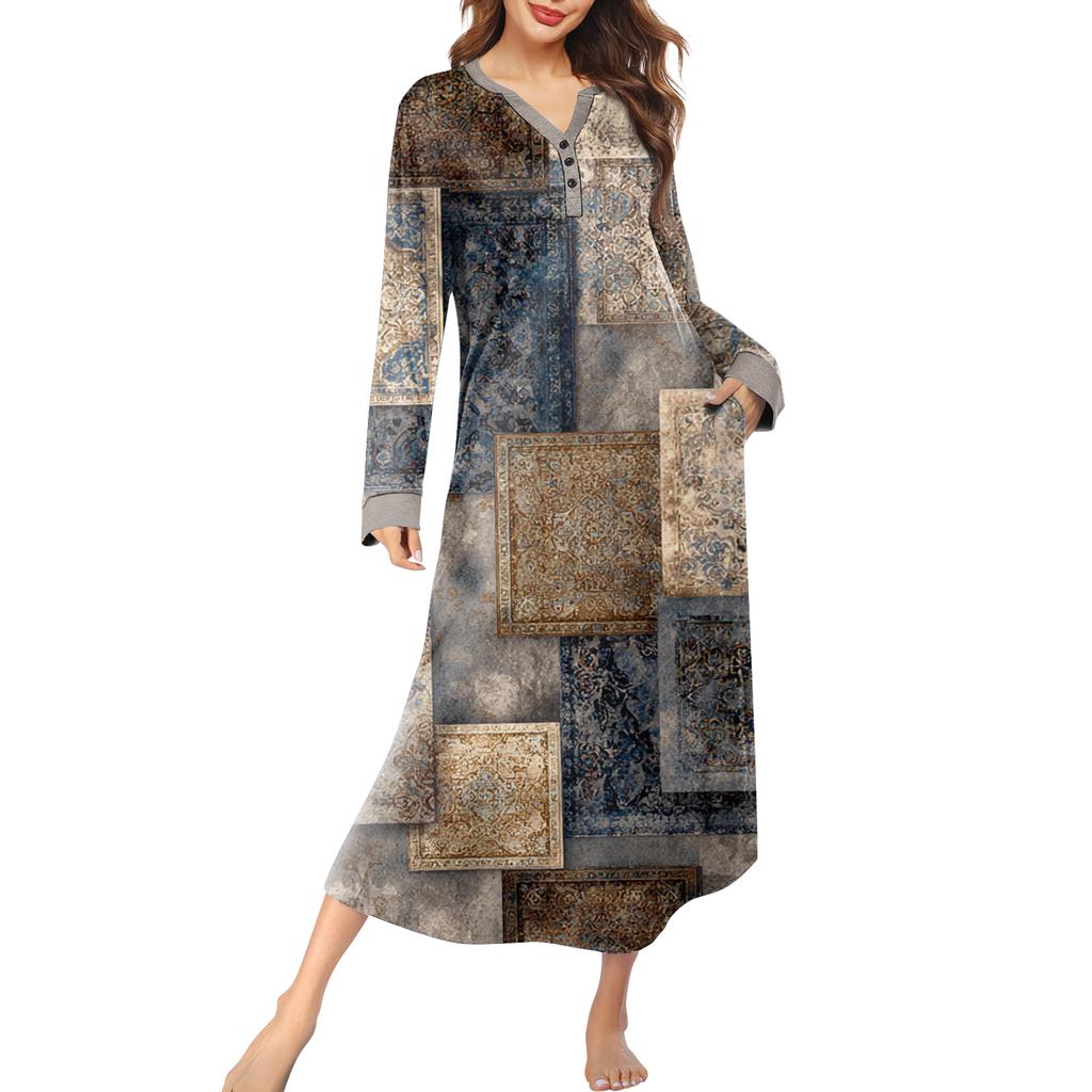 Женская ночная сорочка длинная домашняя одежда с V-образным вырезом и карманами