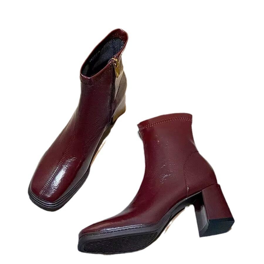 Внешняя торговля французский квадратный носок толстый каблук короткие ботинки 2024 новые ретро мода тонкие ботинки короткие маленькие одинарные ботинки