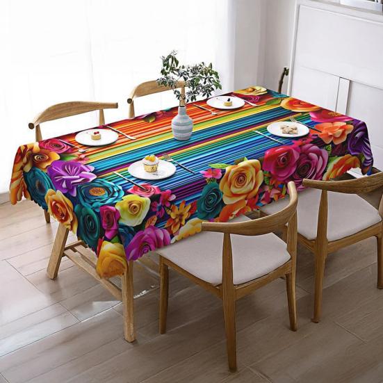 Мексиканская Цветочная Скатерть Прямоугольная Скатерть с Узором в Стиле Народного Искусства с Зубчатым Краем Цветная Цветочная Покрышка для Обеденного Стола Декор для Вечеринки