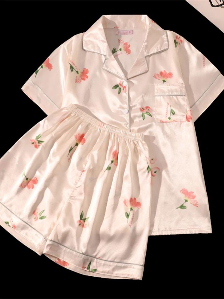 Пижамные комплекты из искусственного шелка для женщин, летняя прохладная милая одежда для сна, мягкая, удобная, с коротким рукавом, домашняя одежда, нежная, девичья, уютная, домашняя одежда