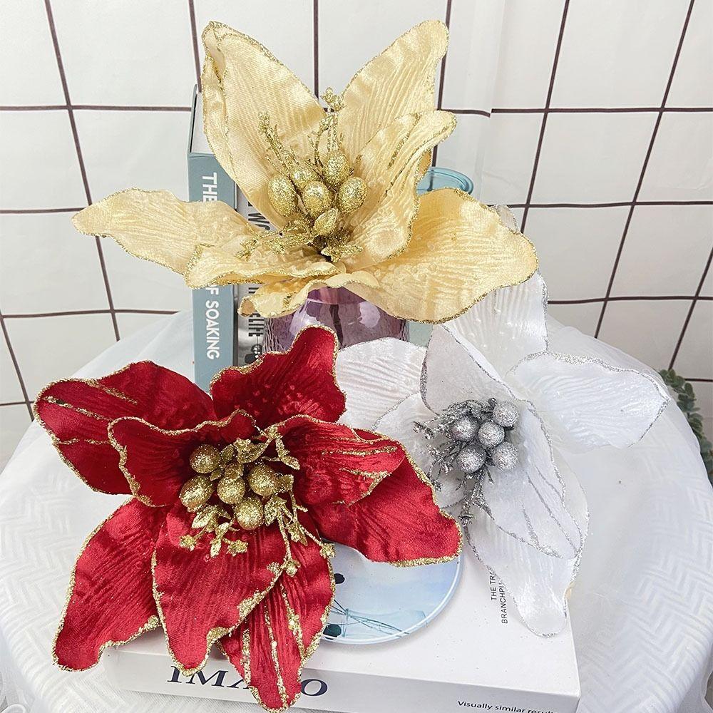Silk Fabric Artificial Christmas Flower Fake Floral Stem Holiday Floral Pick Wreath Matching