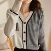 Temperament Tops French Vintage Jacket Spring Autumn Knitted Cardigan Asymmetric Chibi Check V-Neck Sweater