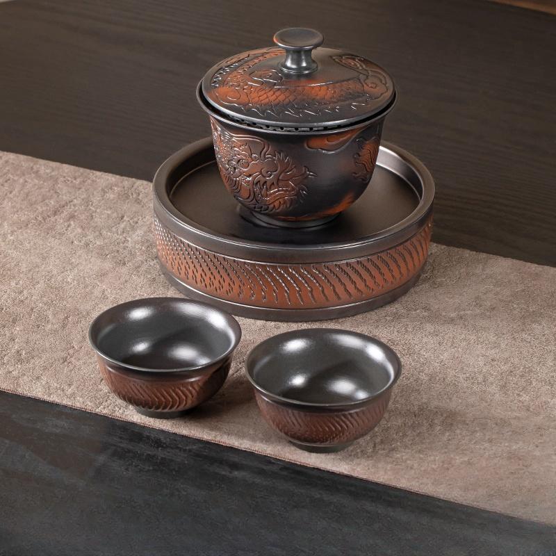 Jianshui Purple Pottery Gaiwan Dragon Handmade Household Kung Fu Tea Set Tea Bowl Tea Cup Tea Maker Tea Ceremony Tea Tureen