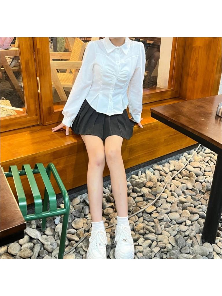 Белая укороченная рубашка женская корейский стиль универсальный повседневный дизайн рубашки и блузки Jk женская мода тонкий офисная блузка на пуговицах