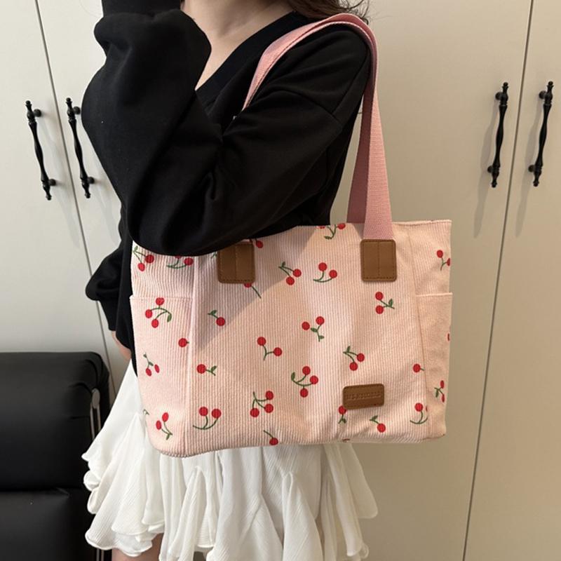Вельветовая сумка-тоут Милая сумка с нашивкой в виде вишни для женщин Тканевая сумка-тоут большой вместимости Сумка на плечо Повседневные сумки под мышкой CLE