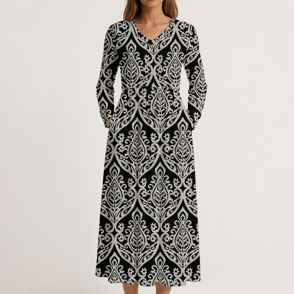 Dress For Women Long Boho Beach Dress Elegant Maxi Dress V-Neck Long Sleeve Dress With Pockets