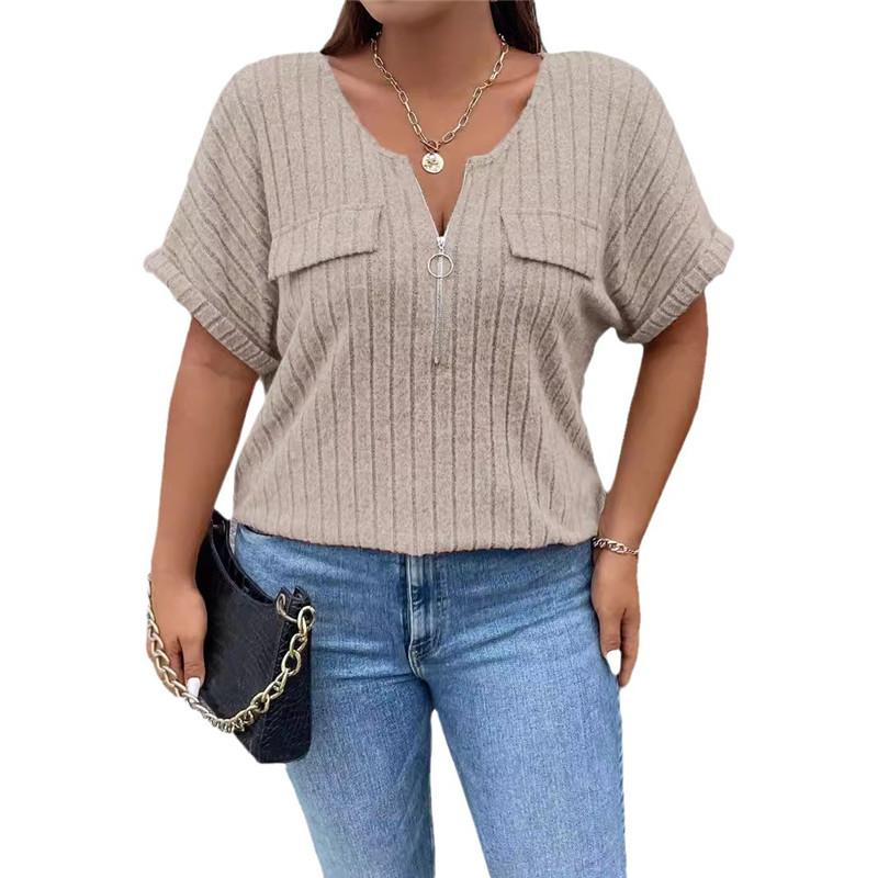 Solid Color Zipper Short Sleeve Casual Pullover T Shirt Women Loose Clothes Fashion Female Tee V-Neck Streetwear Plus Size Tops
