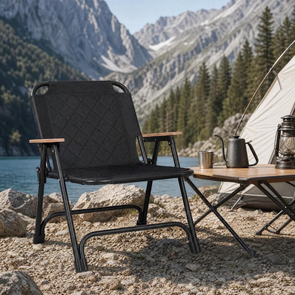 Portable Camping Chair with Wooden Armrests Supportive Padded Folding