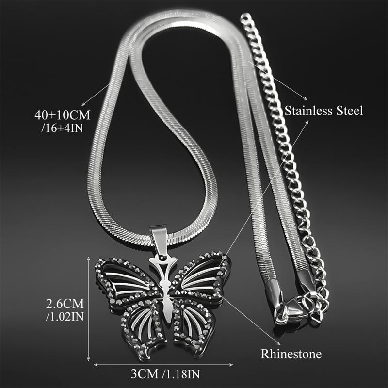 Fashion Butterfly Flower Necklace Women/Men Black Rhinestone Stainless Steel Silver Color Y2K Clavicle Chain Jewelry 6482-QKC